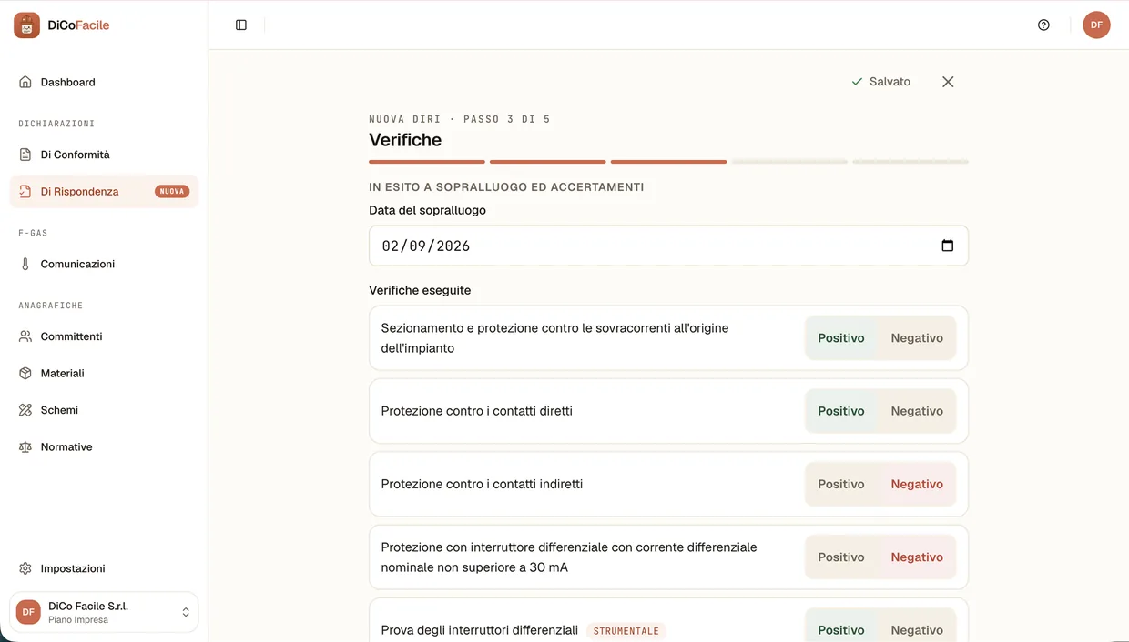 L'app DiCoFacile al terzo dei cinque passi di una nuova DiRi: la schermata «Verifiche», con la data del sopralluogo e l'elenco delle verifiche eseguite, ciascuna da segnare positiva o negativa.