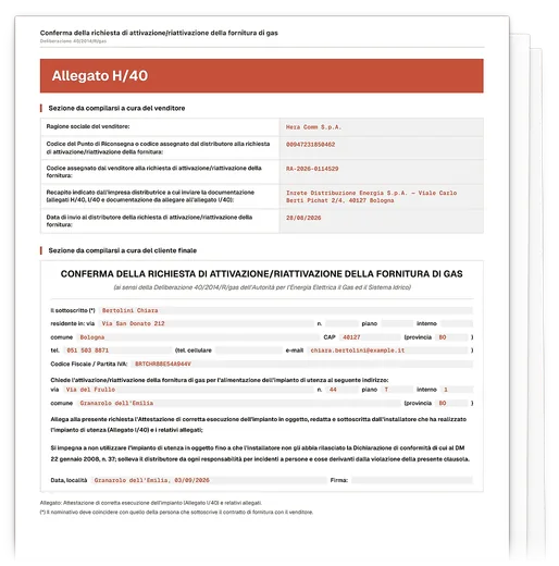 Il plico gas aperto sull'Allegato H/40, la conferma del cliente finale, con il riquadro della firma vuoto.