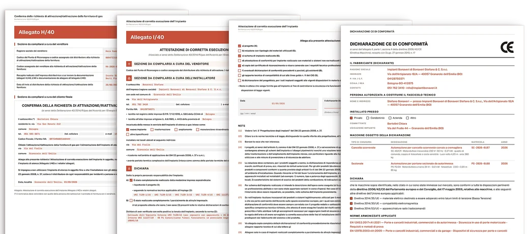 I documenti in fila: Allegato H/40, Allegato I/40 con la sua seconda pagina e la dichiarazione CE di conformità.