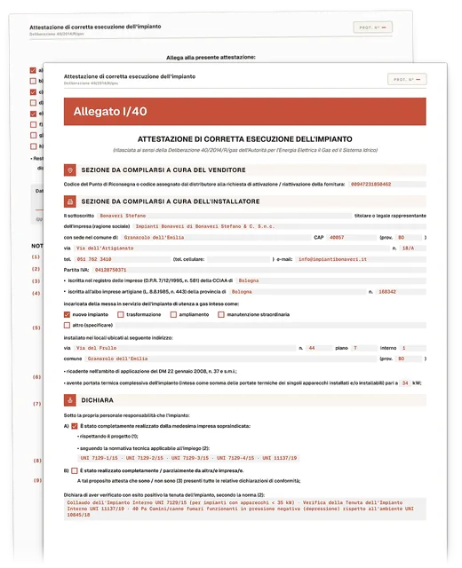 Il plico gas aperto sull'Allegato I/40, con la seconda pagina e le caselle degli allegati spuntate.